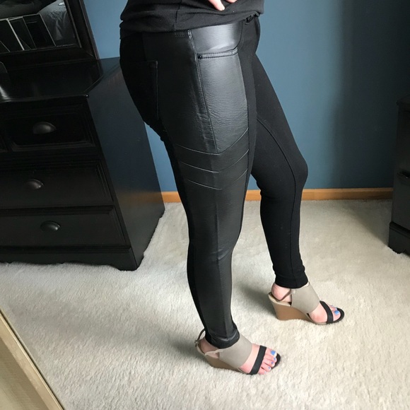 Pants - Faux leather panel leggings
